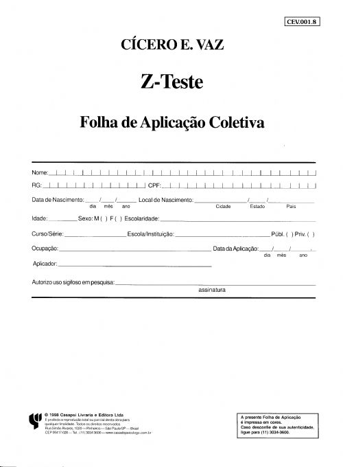 Z-TESTE - Folha De Aplicação - Forma Coletiva - Unitário - Técnica De Zulliger
