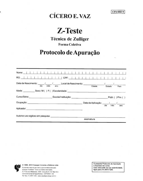 Z-TESTE - Protocolo De Apuração- Forma Coletiva - Unitário -  Técnica De Zulliger