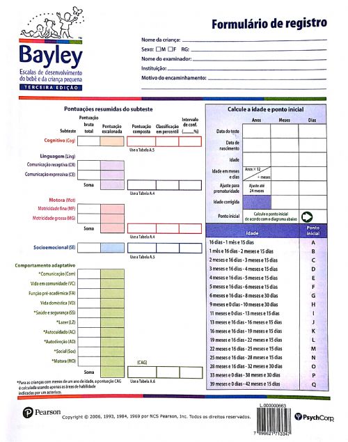 Bayley III - Formulário De Registro- Folha Unitária