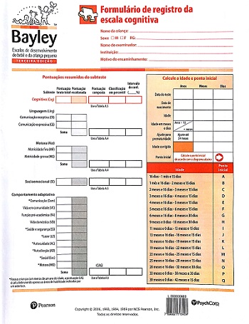 Bayley III - Formulário de Registro da Escala Cognitiva - Folha Unitária