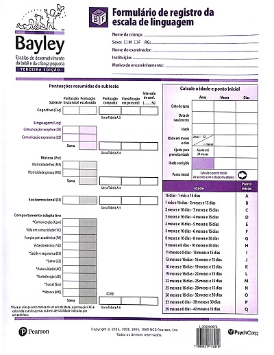 Bayley III - Formulário de Registro da Escala de Linguagem - Folha Unitária