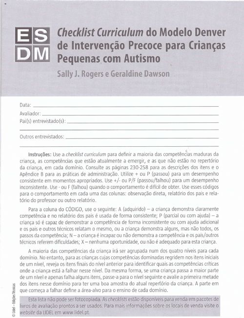 CHECKLIST CURRICULUM MODELO DENVER INTERVENÇÃO PRECOCE P/ CRIANÇAS - COM 4